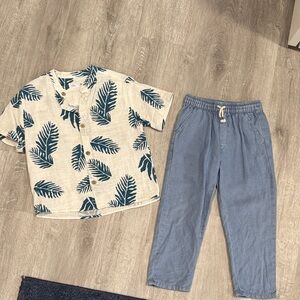 Zara Kids Matching Set - Cream and Blue Leaf Print